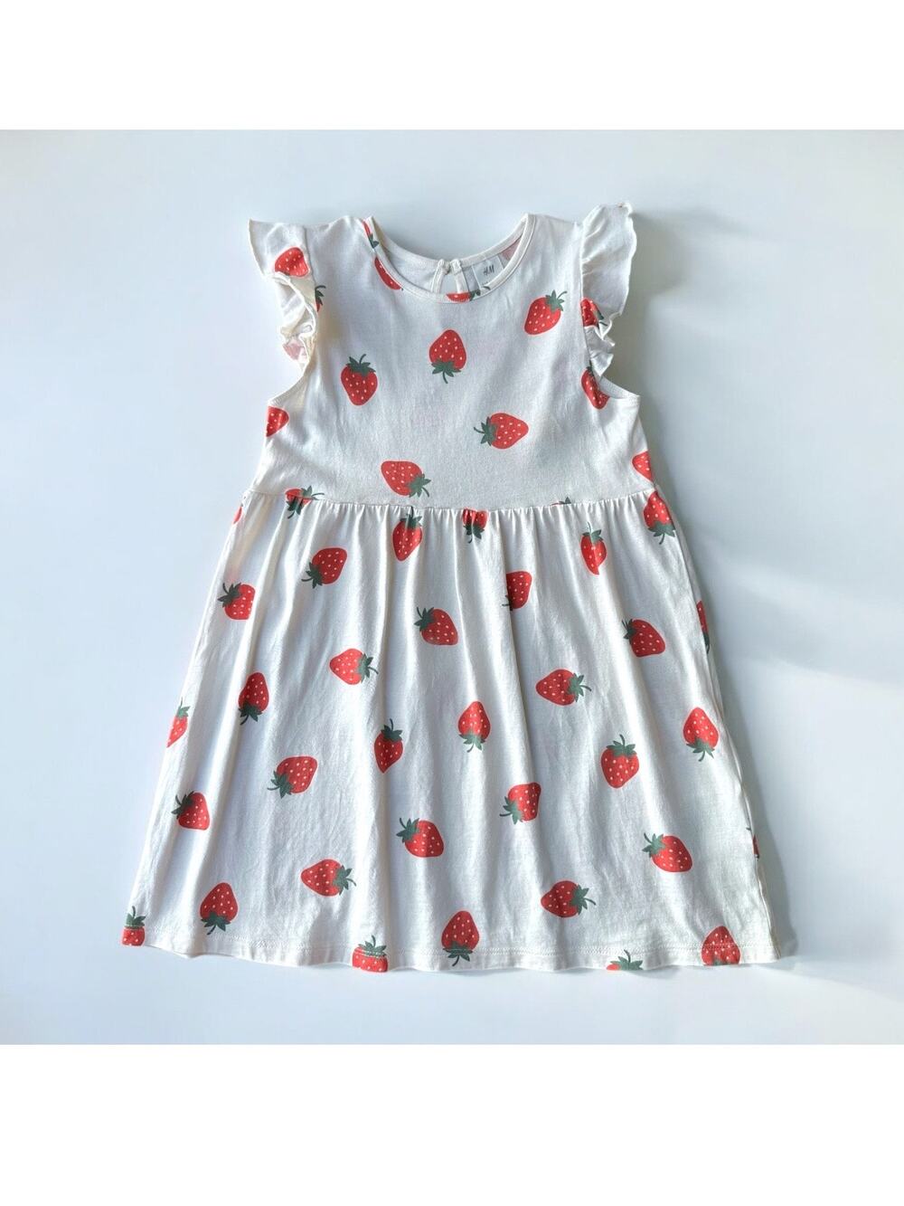 H&M Ruffle Trimmed Strawberry Print Dress, Size 4T, Creme